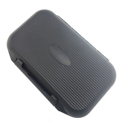 Closed black fly box with textured shell