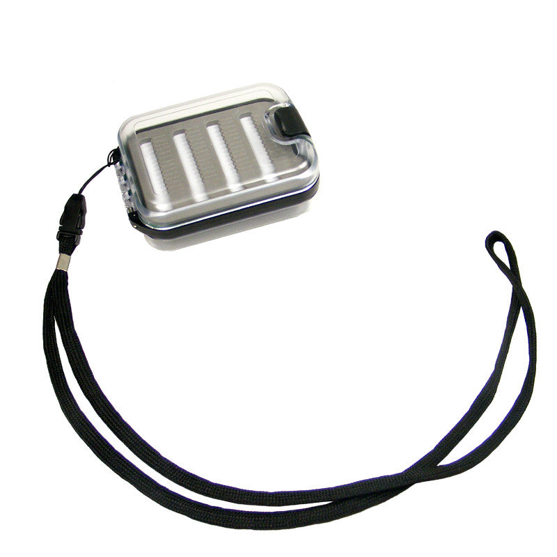 Closed pocket fly box with the included black neck lanyard